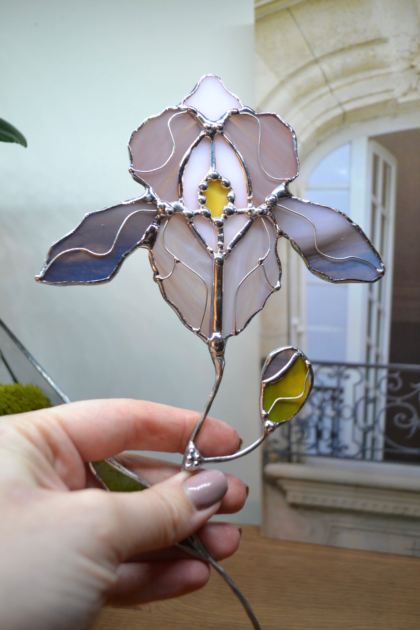 'Iris Violet' Stained glass flower, Sun catcher, Table plant decor, Garden stake, Outdoor and gardening decor