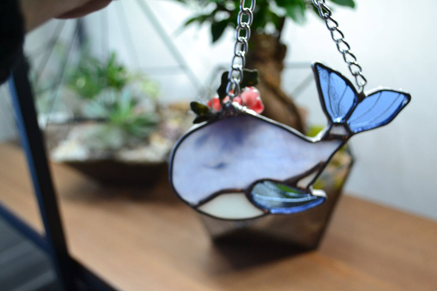 "Whale" Stained glass Sun catcher, Mother’s Day gift, glass plants