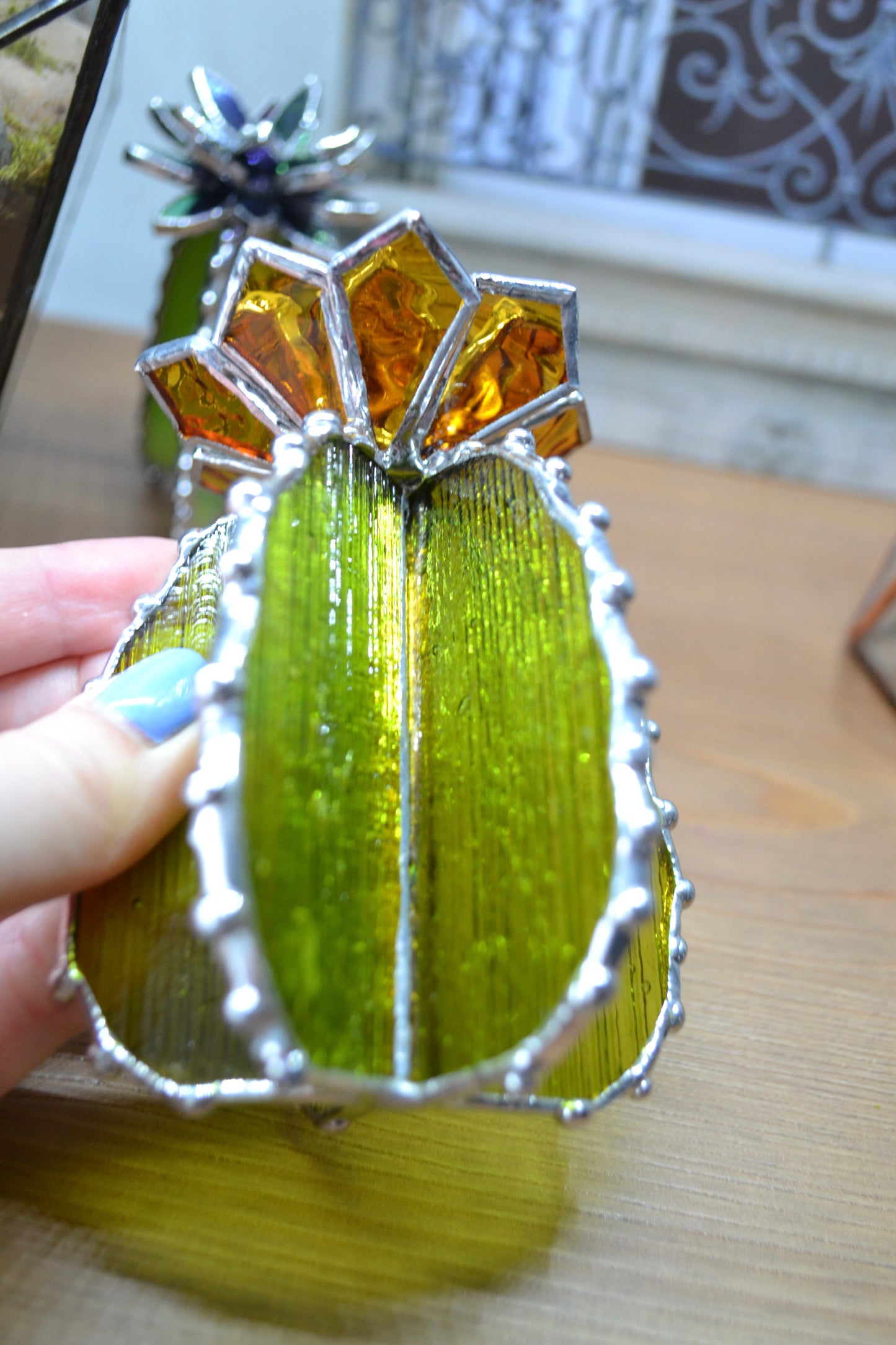 Cactus XL Honey transparent colour" Stained glass, Succulent 3D design, Mother’s Day gift, house plant for flower pot, Sun catcher