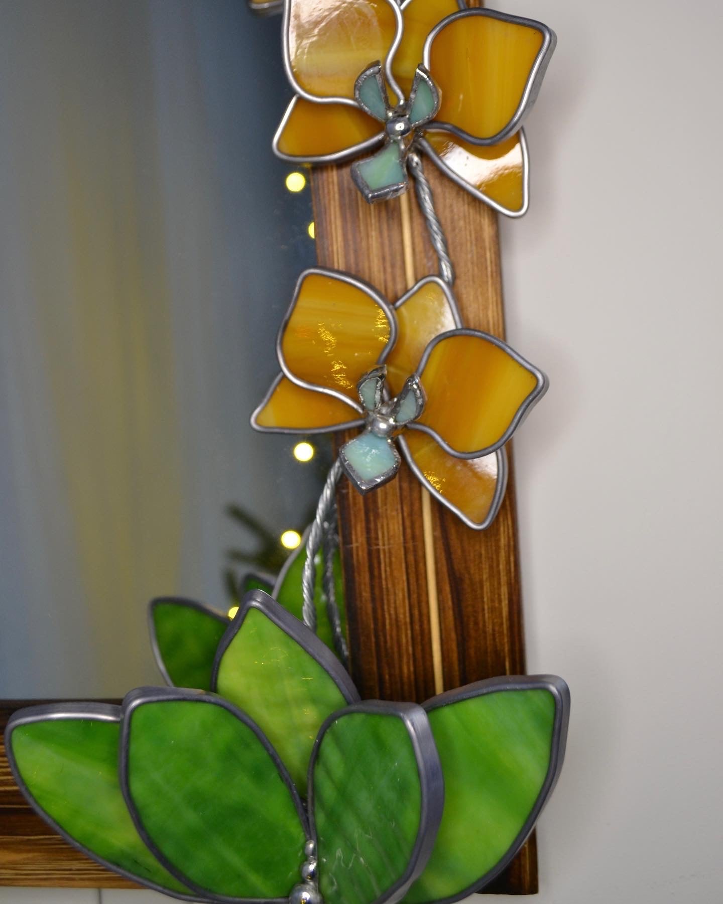 "Honey Orchid" Stained glass Mirror. Wall decor.  Sun catcher Art. Glass flowers Orchids