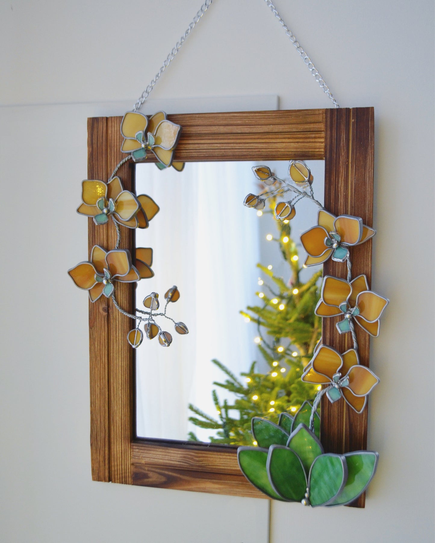 "Honey Orchid" Stained glass Mirror. Wall decor.  Sun catcher Art. Glass flowers Orchids